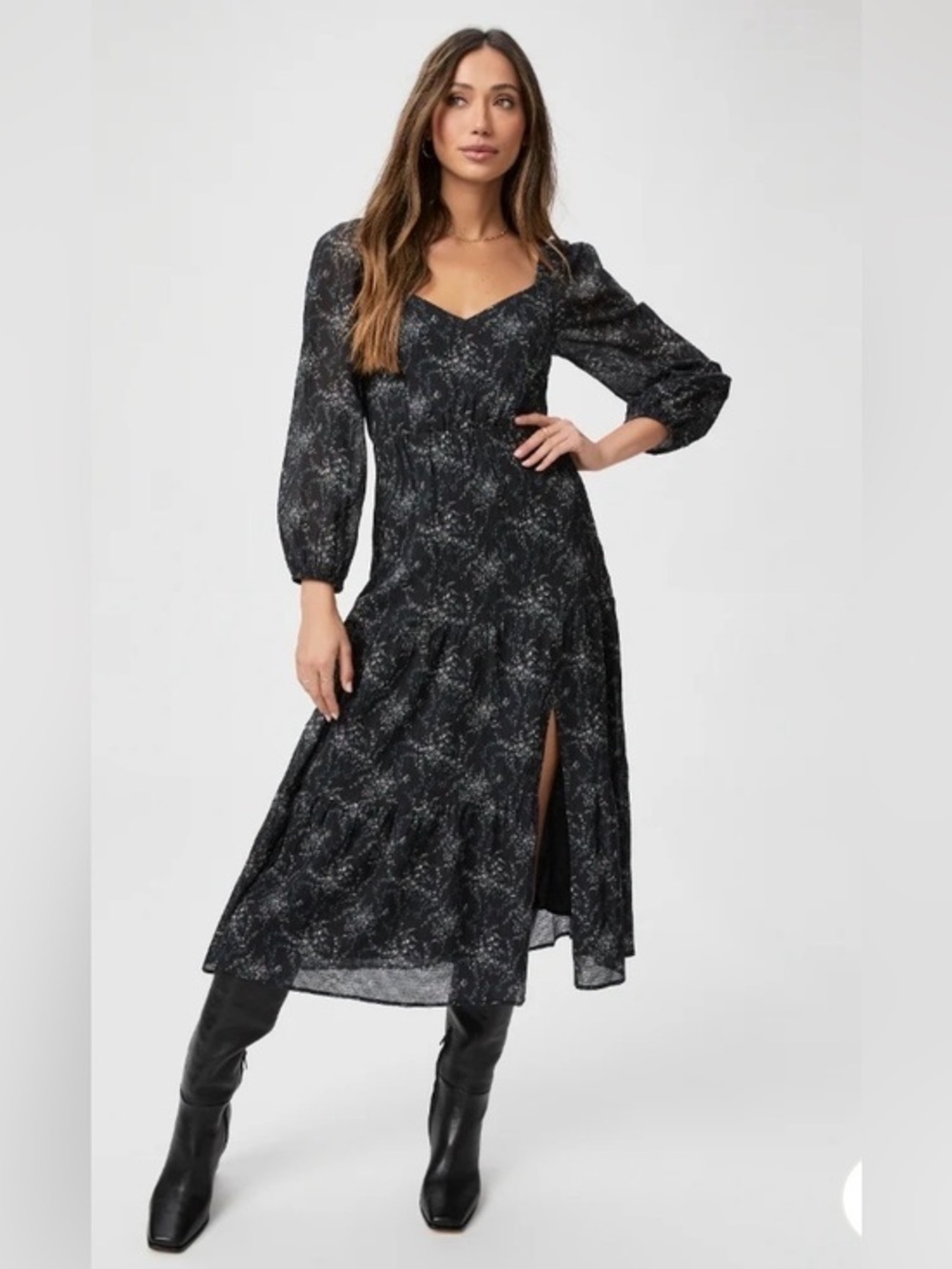 PAIGE Libra Dress-S-Black Floral Silk Cotton Puff Sleeve Tiered Midi MSRP $299